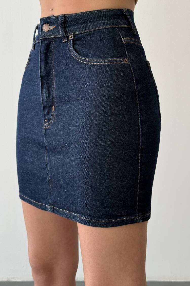 Pocket Detailed Above Knee Navy Blue Denim Skirt