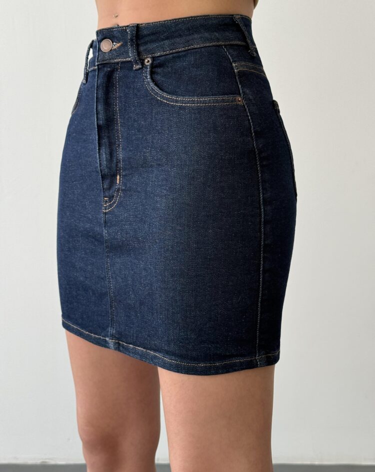 Pocket Detailed Above Knee Navy Blue Denim Skirt