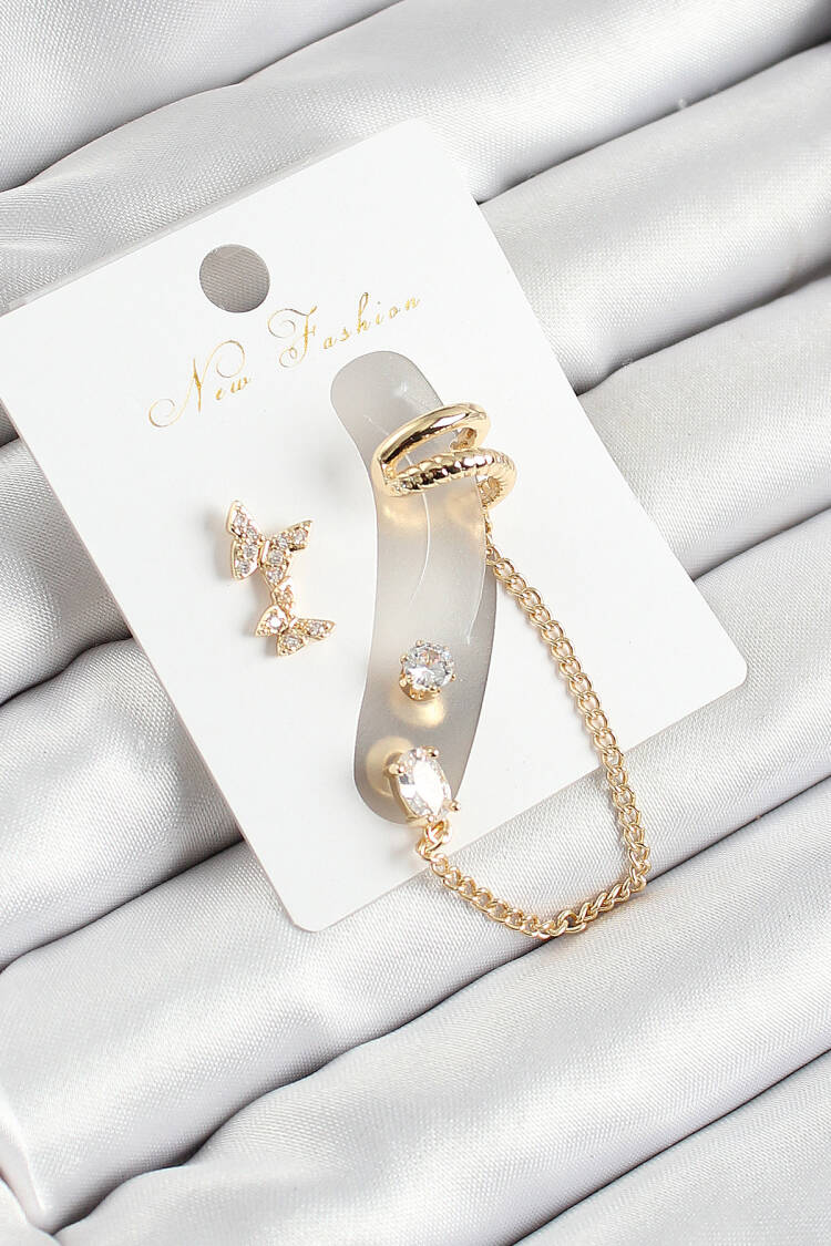 Brass Butterfly Figured Zircon Stone Gold Color 3 Piece Cartilage Women Earrings Set - Brand: Ebijuteri - Women's Clothing Wholesale - Globality Store