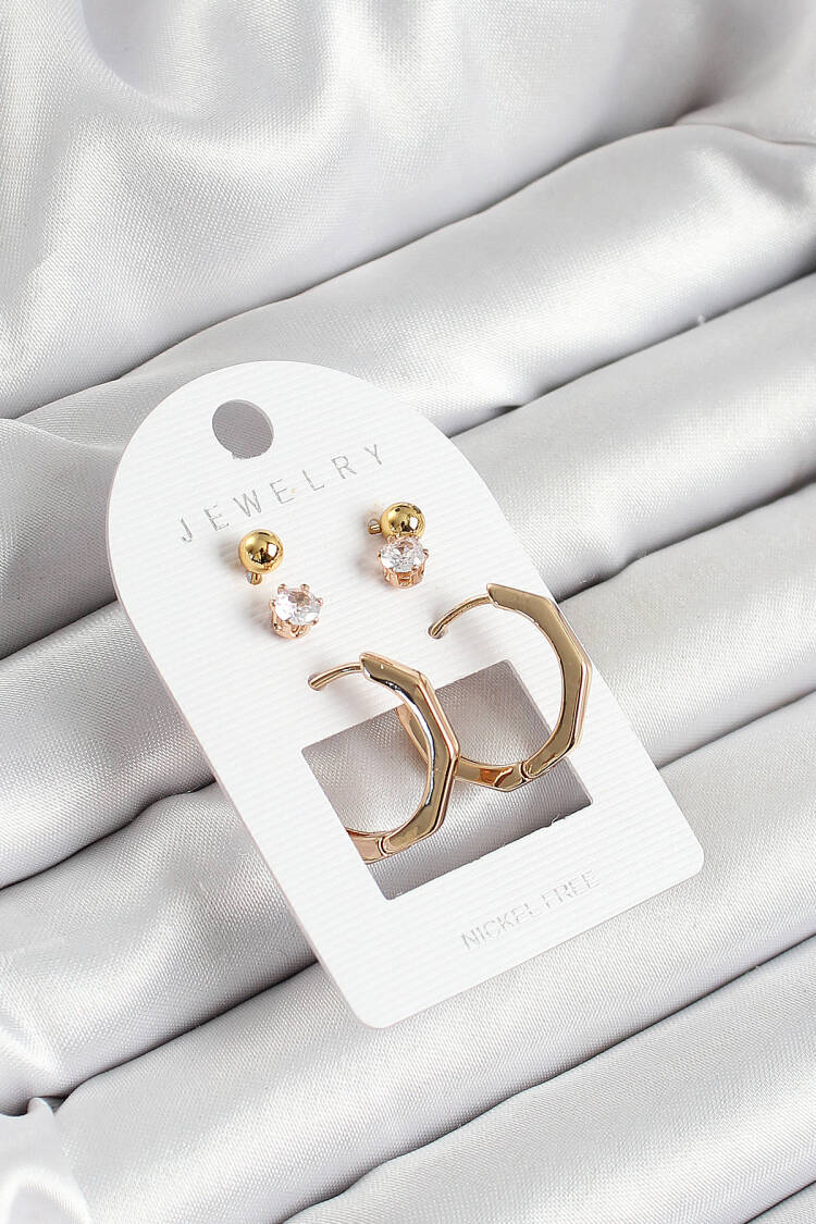 Brass Zircon Stone And Bone Ring Figured Gold Color 3 Pcs Couple Women Earrings Set - Brand: Ebijuteri - Women's Clothing Wholesale - Globality Store