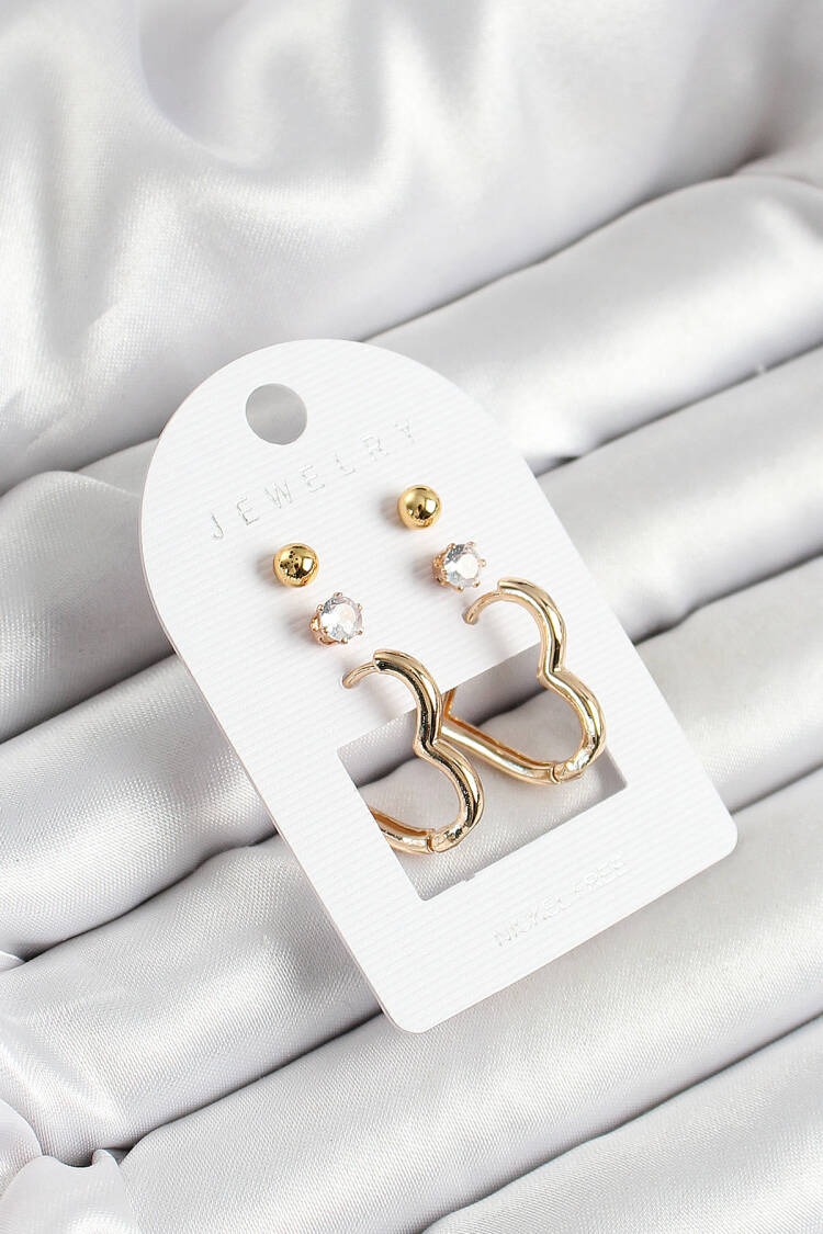 Brass Zircon Stone And Heart Figured Gold Color 3 Pcs Couple Women Earrings Set - Brand: Ebijuteri - Women's Clothing Wholesale - Globality Store
