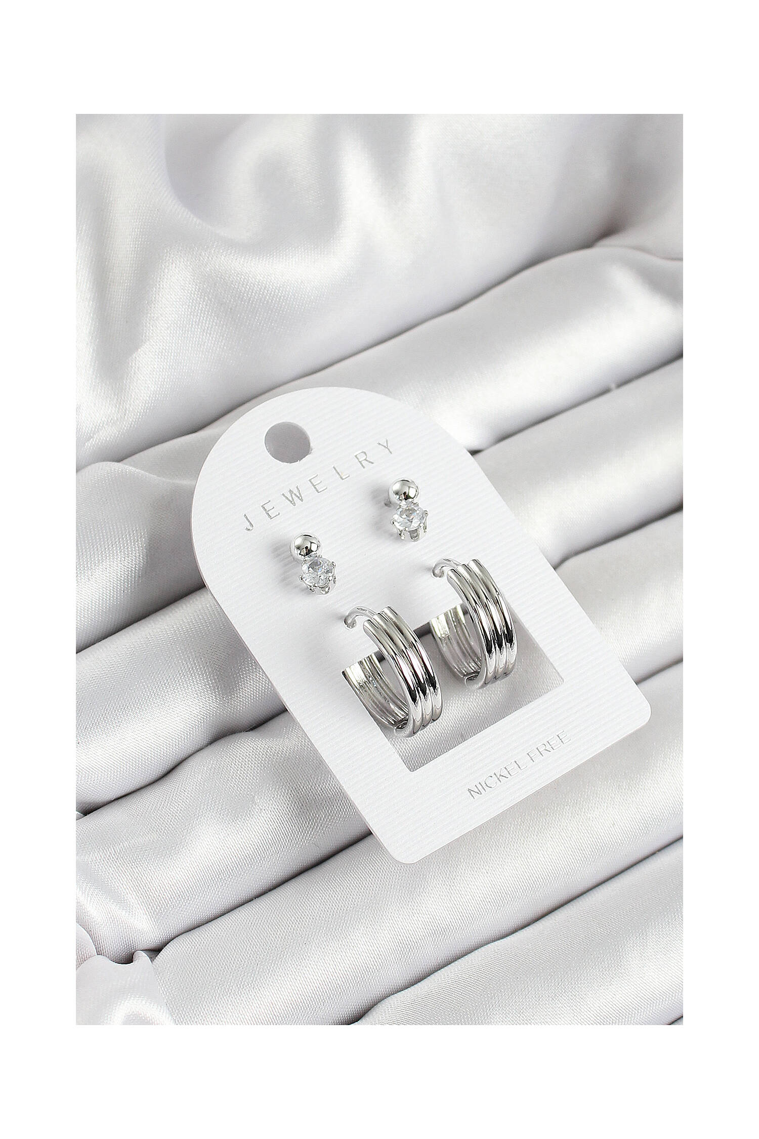 Brass Zircon Stone And Ring Figured Silver Color 3 Pcs Couple Women Earrings Set - Brand: Ebijuteri - Women's Clothing Wholesale - Globality Store