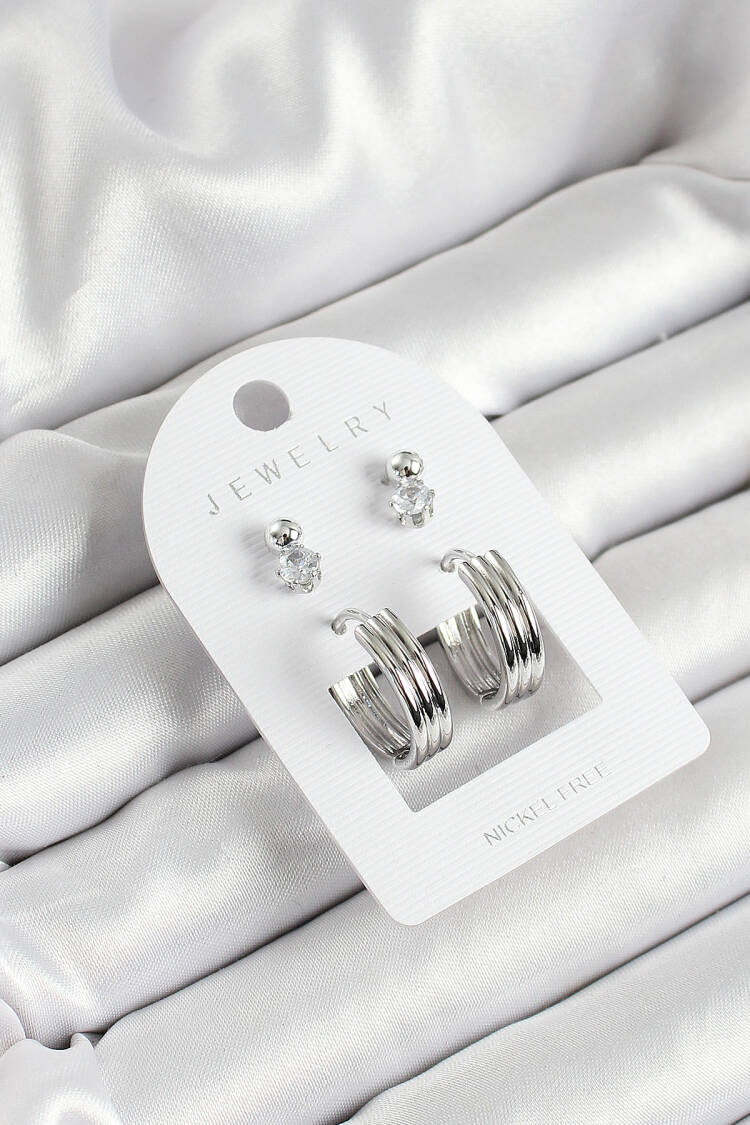 Brass Zircon Stone And Ring Figured Silver Color 3 Pcs Couple Women Earrings Set - Brand: Ebijuteri - Women's Clothing Wholesale - Globality Store
