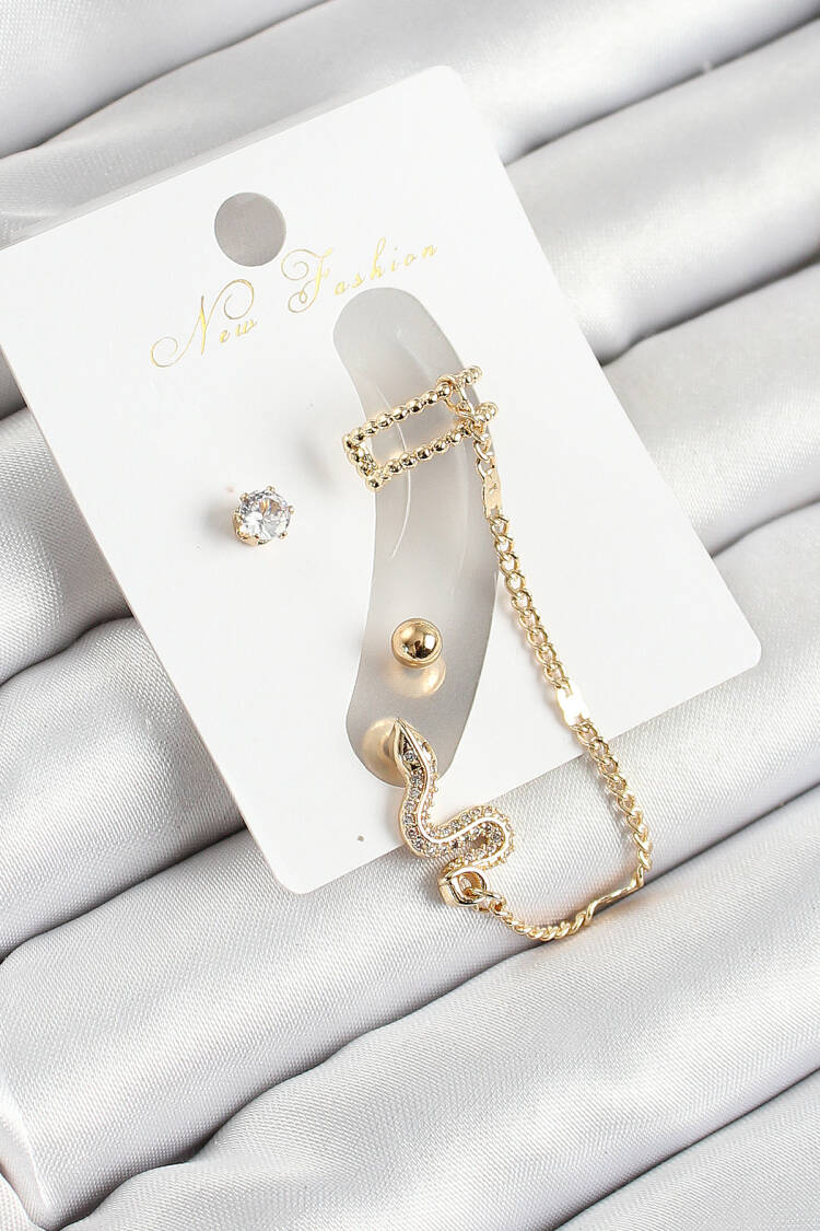 Brass Snake Figured Zircon Stone Gold Color 3 Piece Cartilage Women Earrings Set - Brand: Ebijuteri - Women's Clothing Wholesale - Globality Store