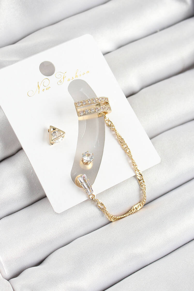 Brass Triangle Figured Zircon Stone Gold Color 3 Piece Cartilage Women Earrings Set - Brand: Ebijuteri - Women's Clothing Wholesale - Globality Store