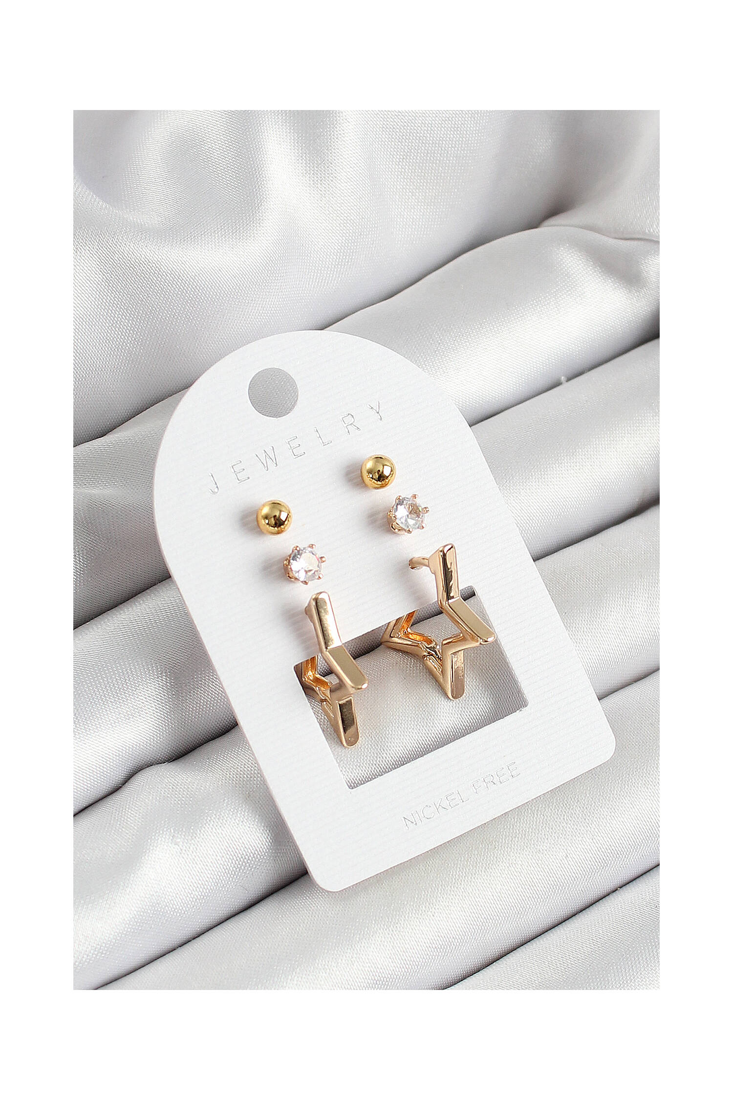 Brass Zircon Stone And Star Figured Gold Color 3 Pcs Couple Women Earrings Set - Brand: Ebijuteri - Women's Clothing Wholesale - Globality Store