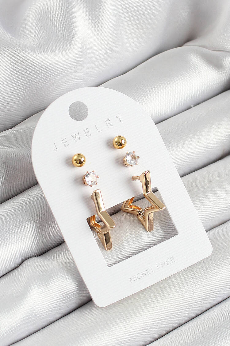 Brass Zircon Stone And Star Figured Gold Color 3 Pcs Couple Women Earrings Set - Brand: Ebijuteri - Women's Clothing Wholesale - Globality Store