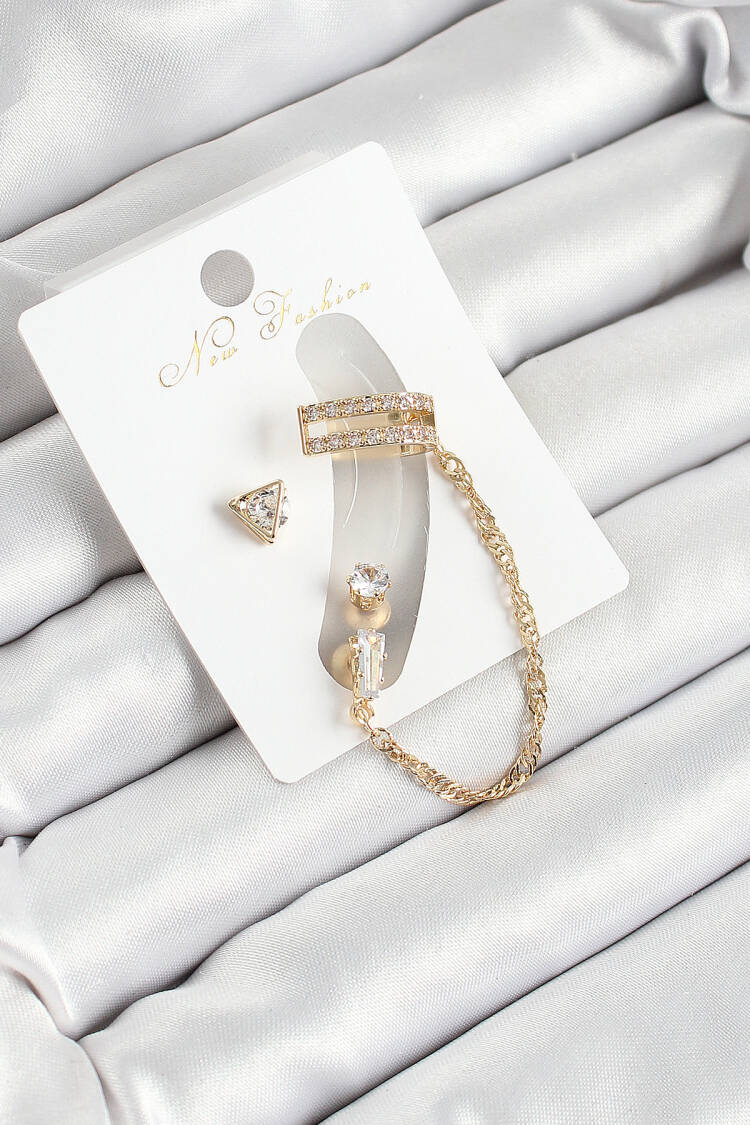 Brass Triangle Figured Zircon Stone Gold Color 3 Piece Cartilage Women Earrings Set - Brand: Ebijuteri - Women's Clothing Wholesale - Globality Store
