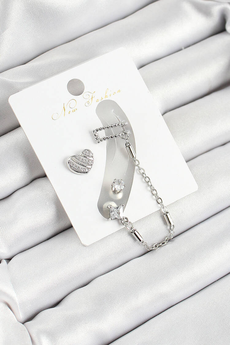 Brass Heart Figured Zircon Stone Silver Color 3 Piece Cartilage Women Earrings Set - Brand: Ebijuteri - Women's Clothing Wholesale - Globality Store