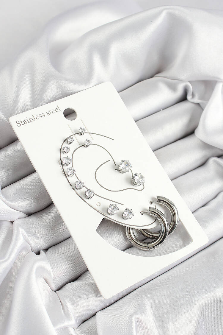 316l Steel Ring Figured And Zircon Stone Silver Color 7 Pcs Couple Women Earrings Set - Brand: Ebijuteri - Women's Clothing Wholesale - Globality Store