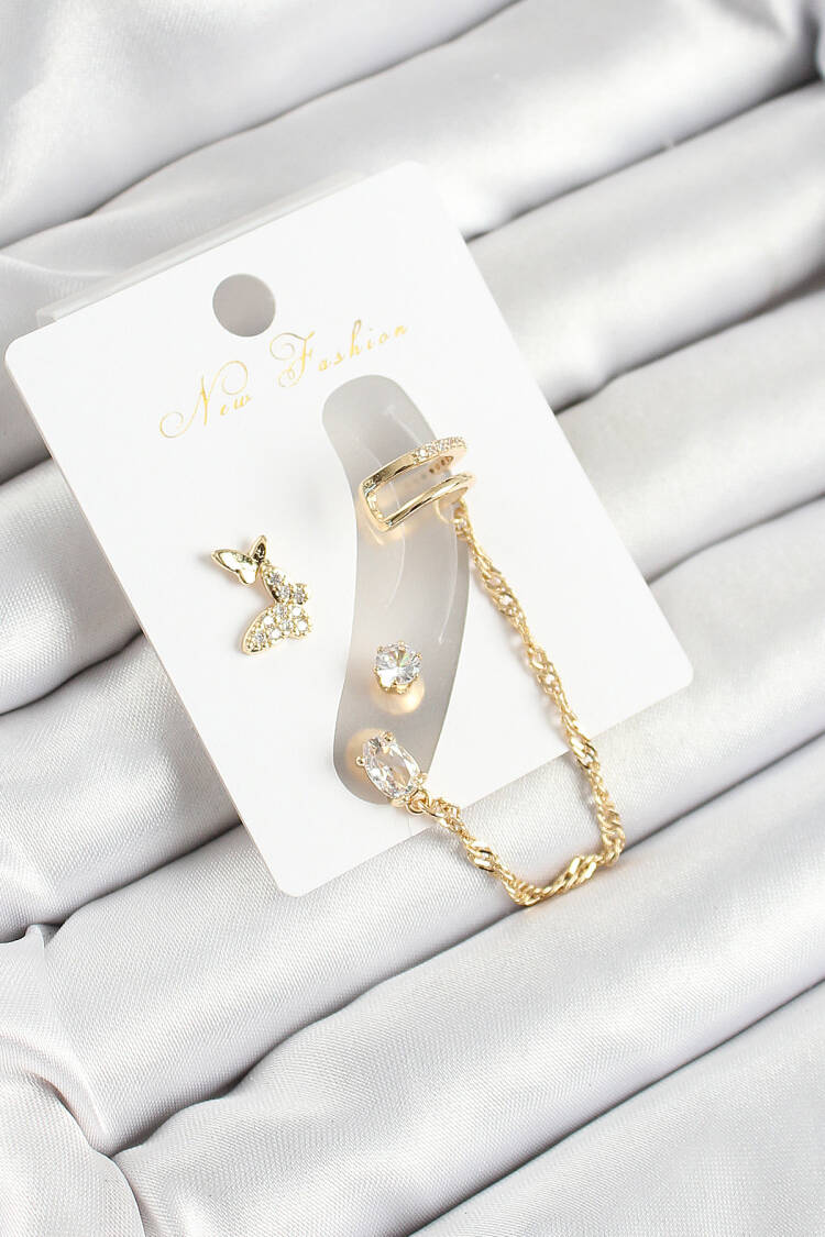 Brass Butterfly Figured Zircon Stone Gold Color 3 Piece Cartilage Women Earrings Set - Brand: Ebijuteri - Women's Clothing Wholesale - Globality Store