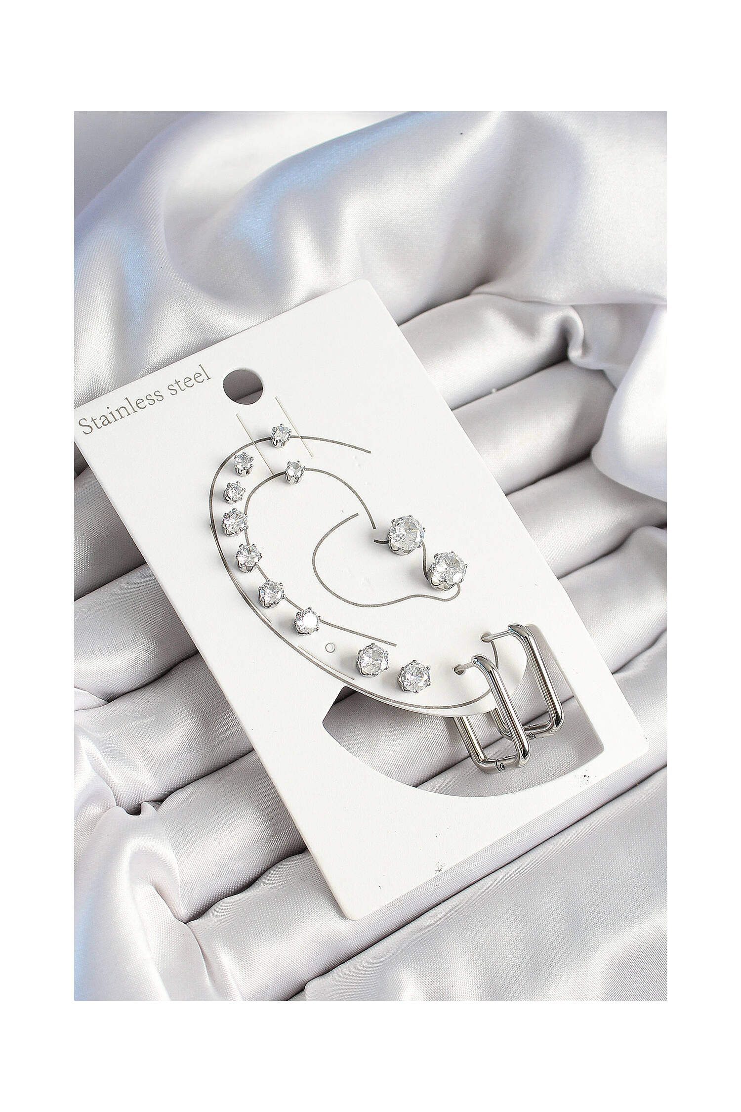316l Steel Rectangle Figured And Zircon Stone Silver Color 7 Pcs Couple Women Earrings Set - Brand: Ebijuteri - Women's Clothing Wholesale - Globality Store