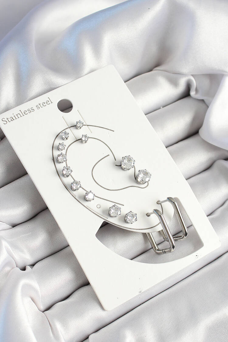 316l Steel Rectangle Figured And Zircon Stone Silver Color 7 Pcs Couple Women Earrings Set - Brand: Ebijuteri - Women's Clothing Wholesale - Globality Store