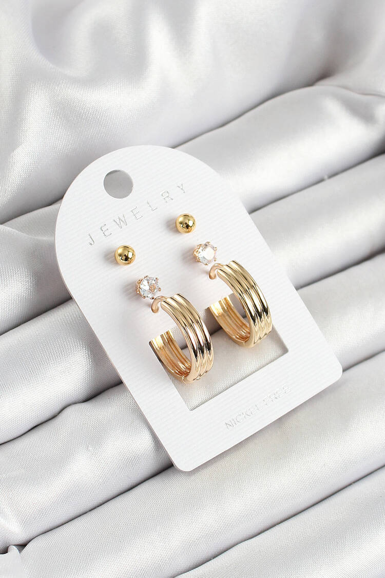 Brass Zircon Stone And Ring Figured Gold Color 3 Pcs Couple Women Earrings Set - Brand: Ebijuteri - Women's Clothing Wholesale - Globality Store