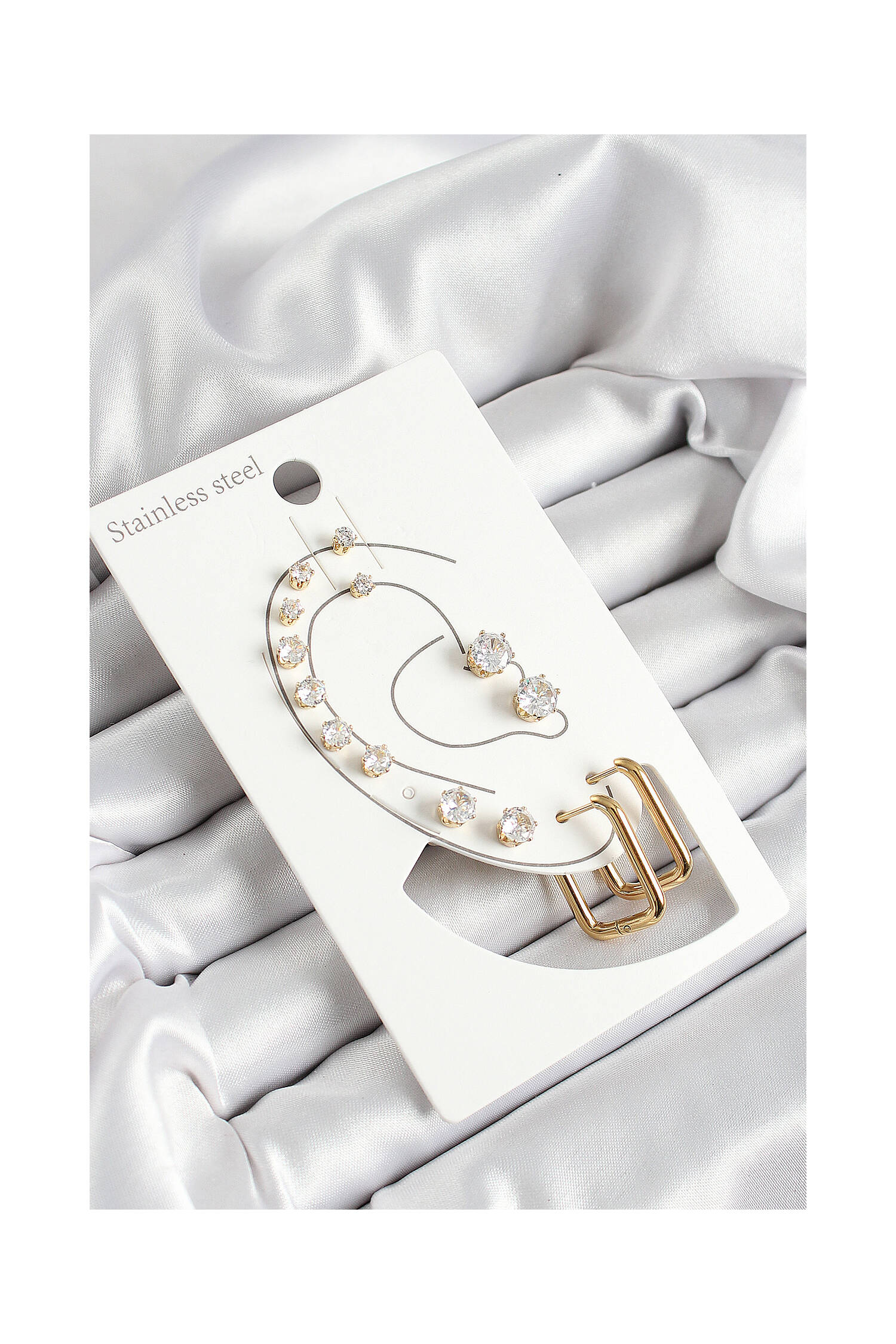 316l Steel Rectangle Figured And Zircon Stone Gold Color 7 Pcs Couple Women Earrings Set - Brand: Ebijuteri - Women's Clothing Wholesale - Globality Store
