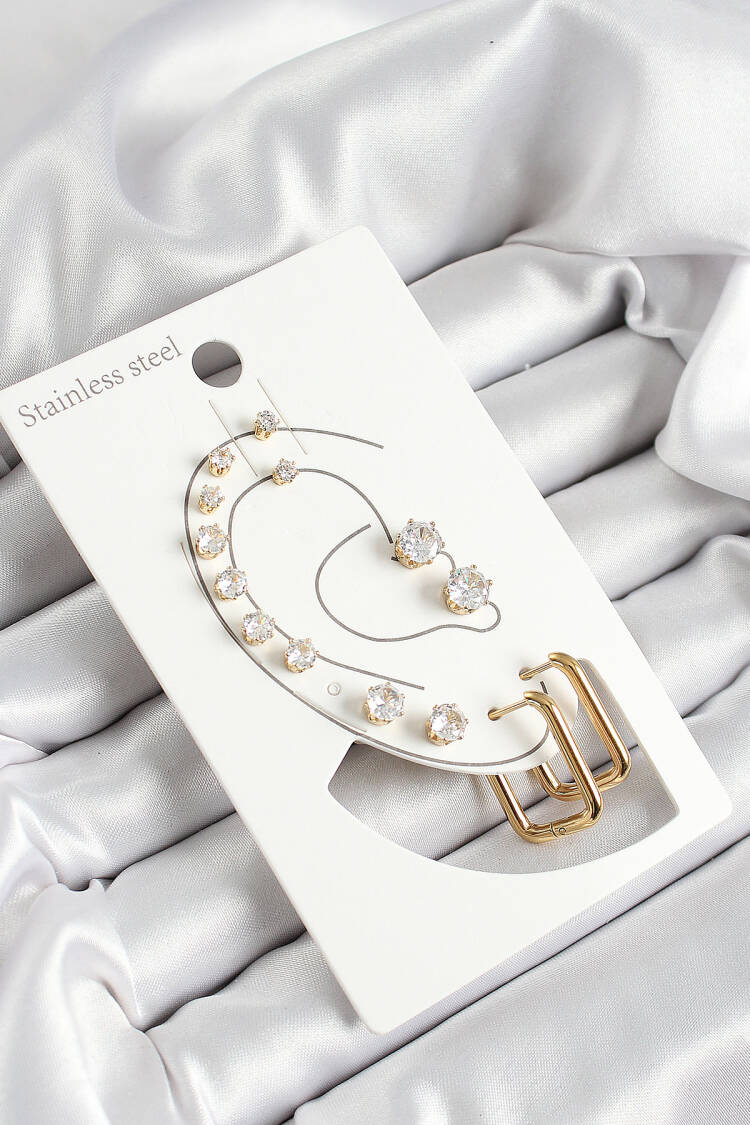 316l Steel Rectangle Figured And Zircon Stone Gold Color 7 Pcs Couple Women Earrings Set - Brand: Ebijuteri - Women's Clothing Wholesale - Globality Store
