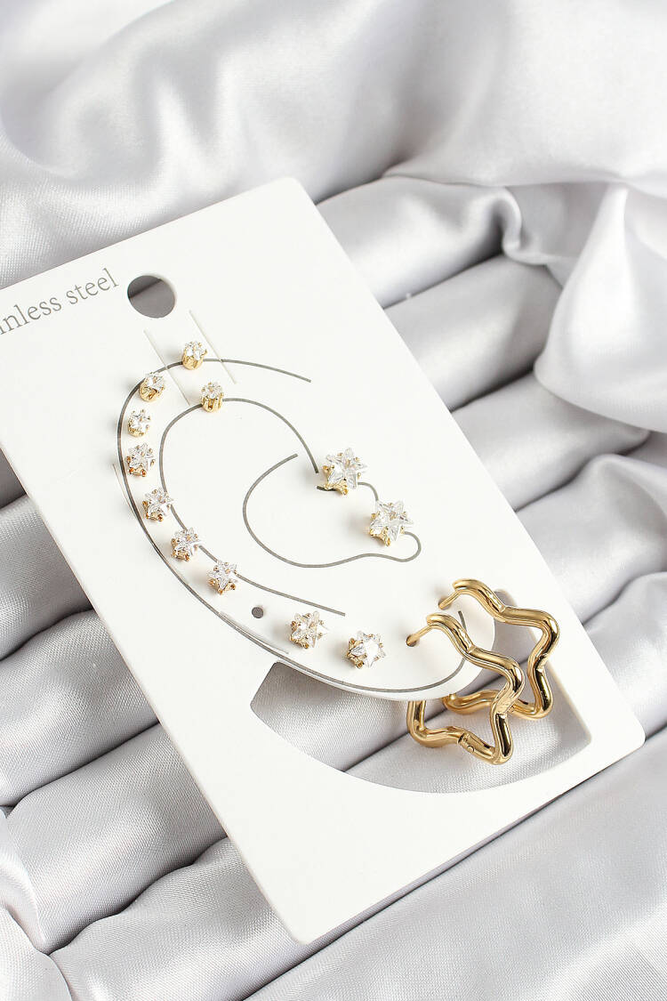 316l Steel Star Figured And Zircon Stone Gold Color 7 Pcs Couple Women Earrings Set - Brand: Ebijuteri - Women's Clothing Wholesale - Globality Store