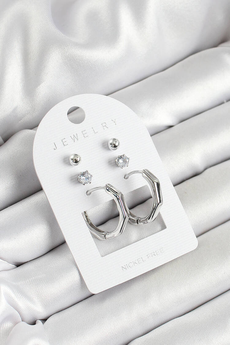 Brass Zircon Stone And Bone Ring Figured Silver Color 3 Pcs Couple Women Earrings Set - Brand: Ebijuteri - Women's Clothing Wholesale - Globality Store