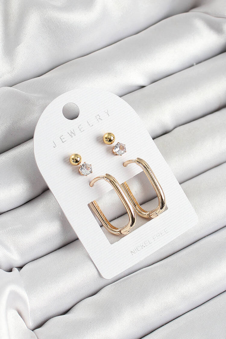 Brass Zircon Stone And Rectangle Figured Gold Color 3-Piece Couple Women Earrings Set - Brand: Ebijuteri - Women's Clothing Wholesale - Globality Store