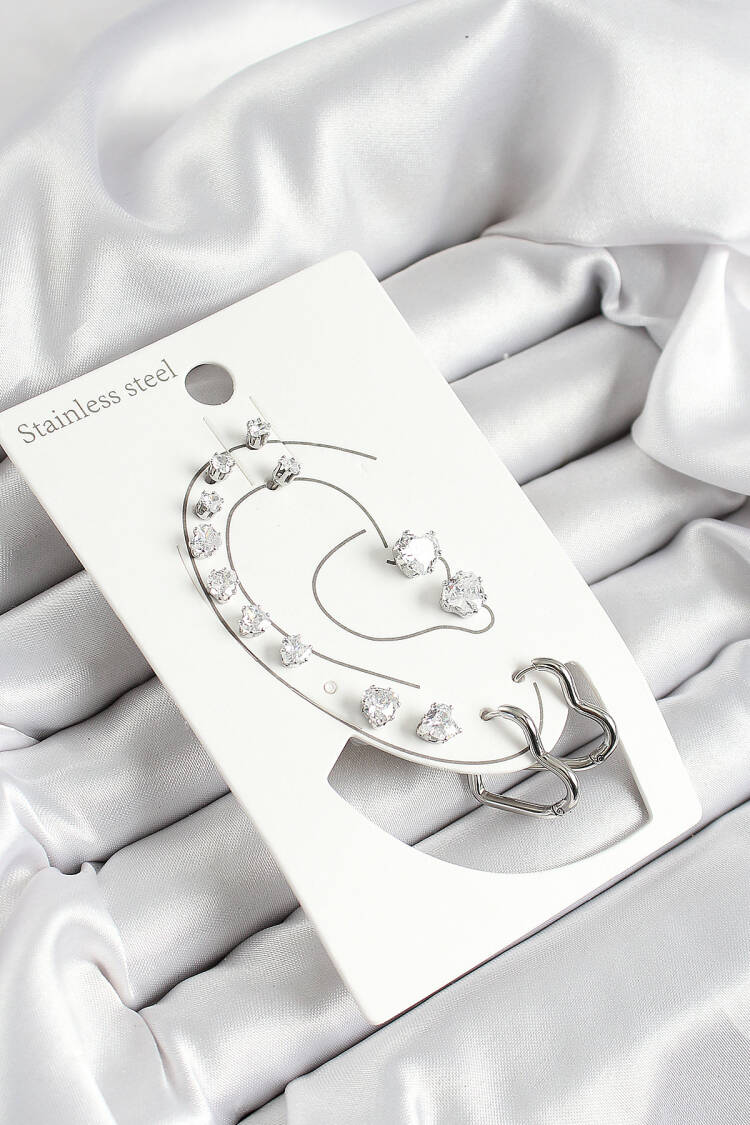 316l Steel Heart Figured And Zircon Stone Silver Color 7 Pcs Couple Women Earrings Set - Brand: Ebijuteri - Women's Clothing Wholesale - Globality Store