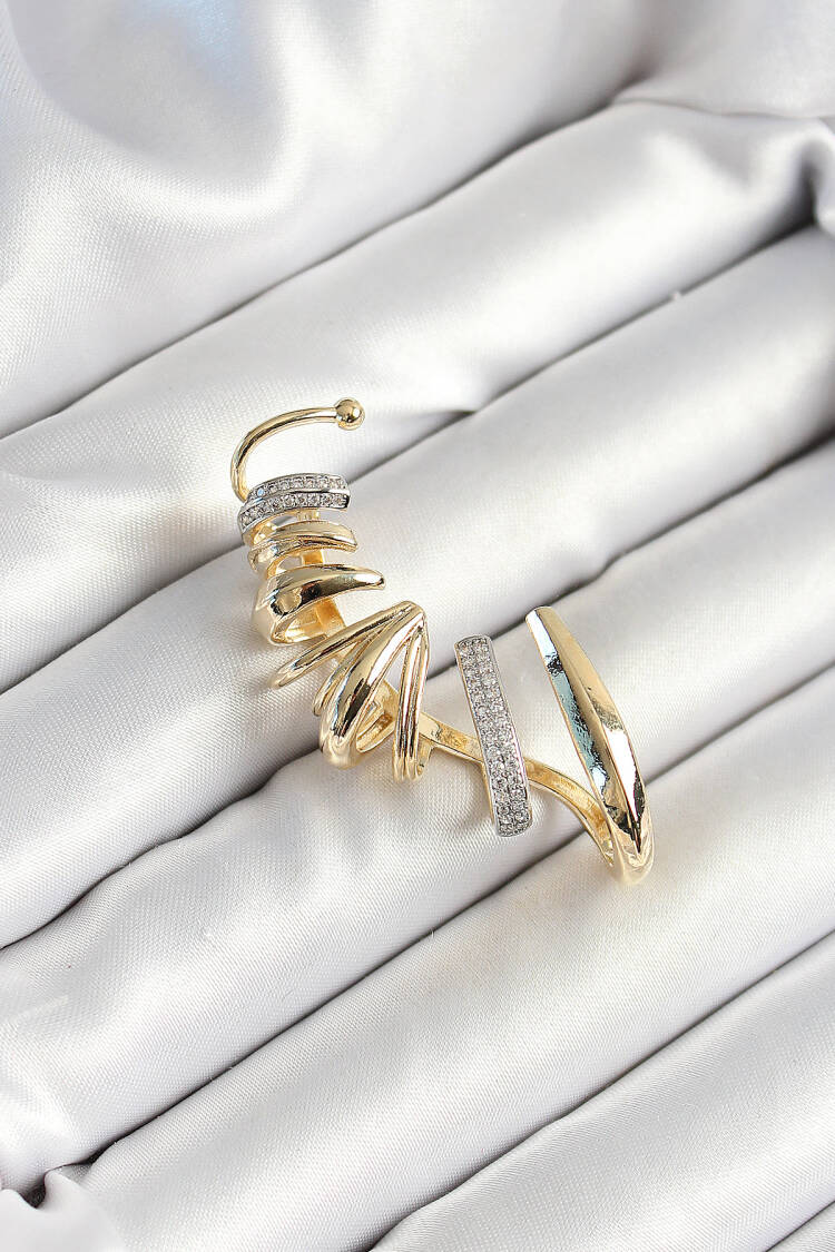Brass Zircon Stone Coated Spiral Figured Gold Color Women's Right Cartilage Earrings - Brand: Ebijuteri - Women's Clothing Wholesale - Globality Store