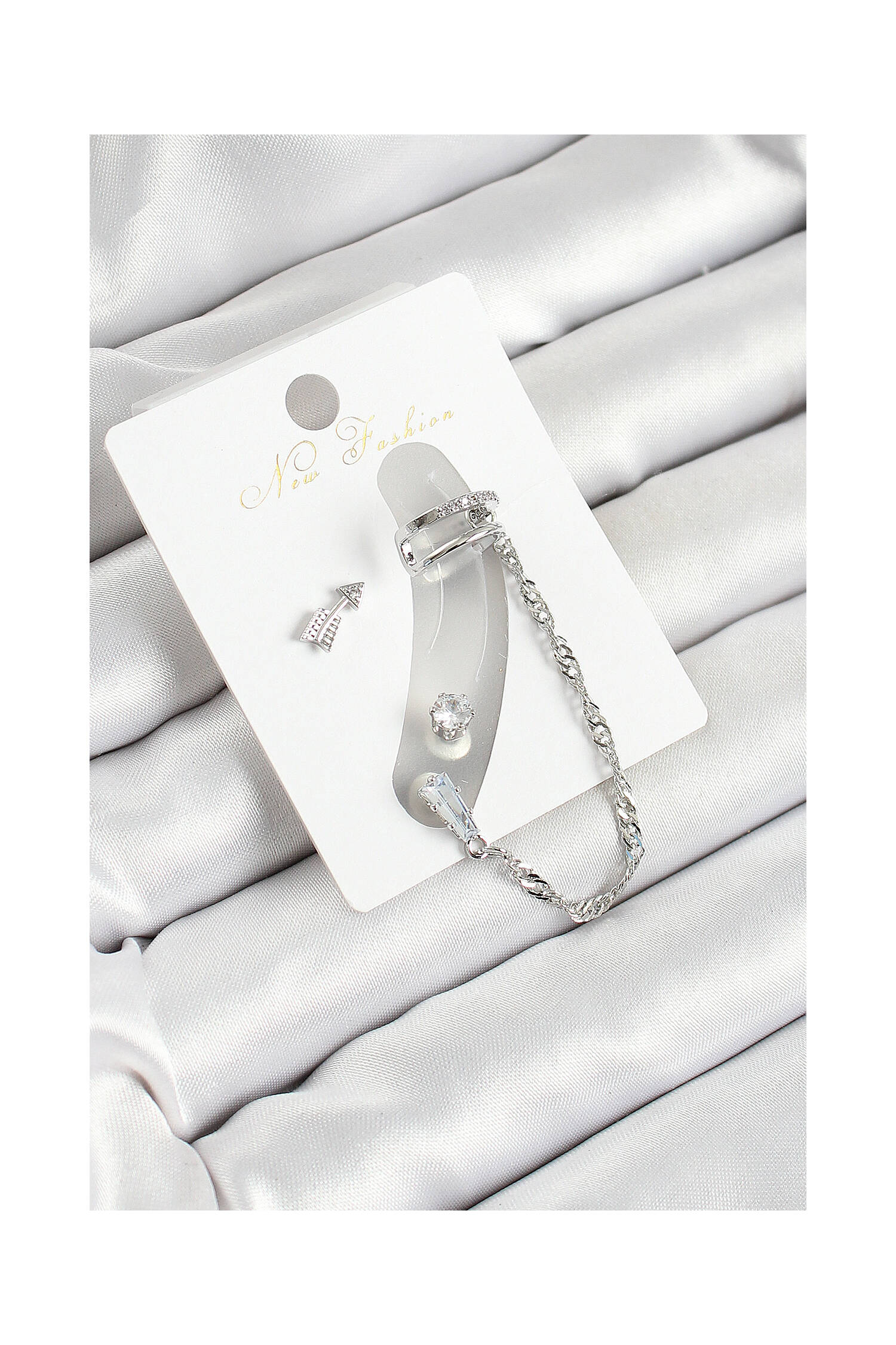 Brass Arrow Figured Zircon Stone Silver Color 3 Piece Cartilage Women Earrings Set - Brand: Ebijuteri - Women's Clothing Wholesale - Globality Store