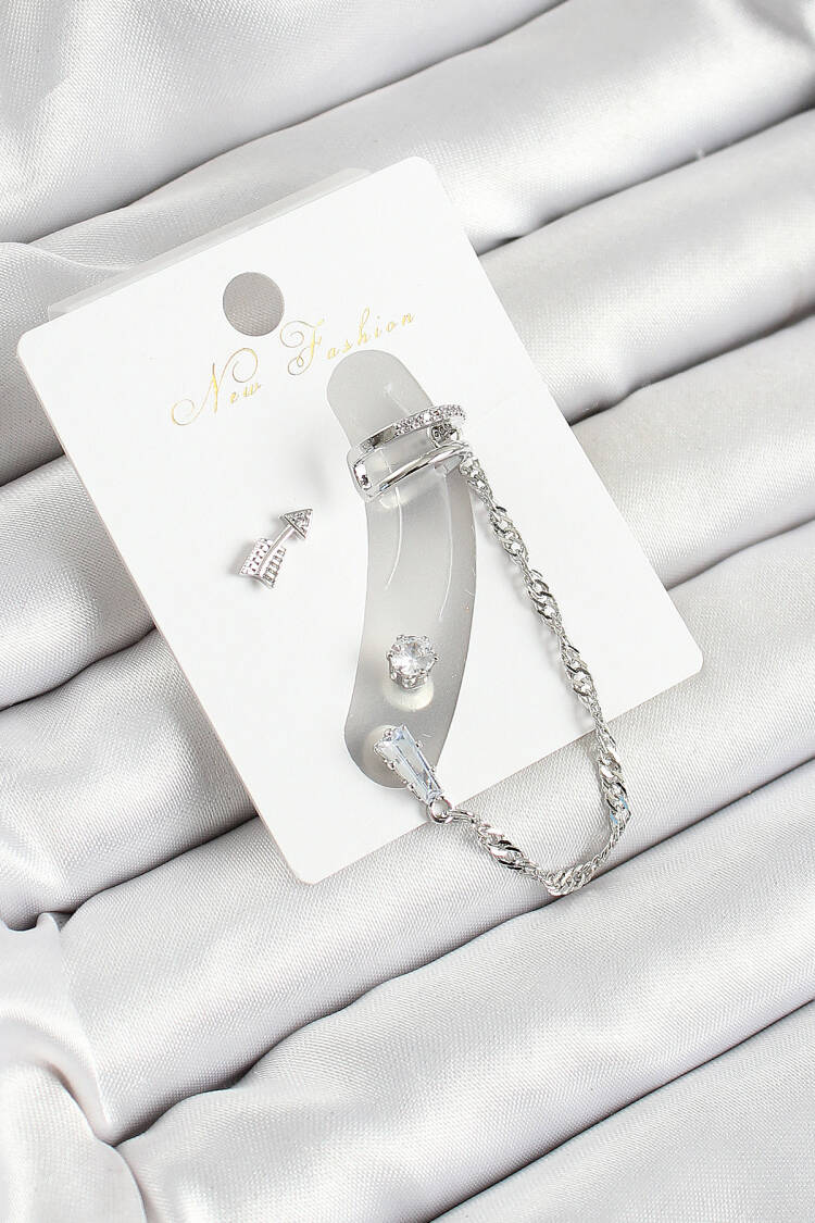 Brass Arrow Figured Zircon Stone Silver Color 3 Piece Cartilage Women Earrings Set - Brand: Ebijuteri - Women's Clothing Wholesale - Globality Store