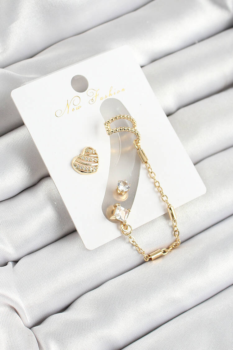 Brass Heart Figured Zircon Stone Gold Color 3 Piece Cartilage Women Earrings Set - Brand: Ebijuteri - Women's Clothing Wholesale - Globality Store