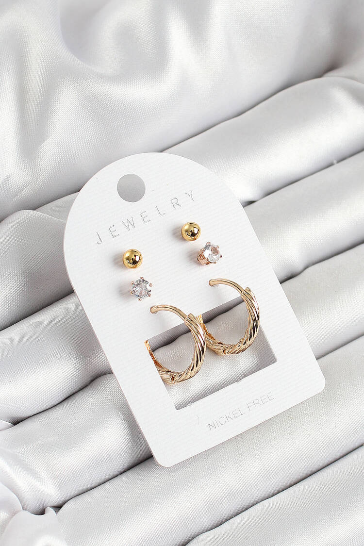 Brass Zircon Stone And Ring Figured Gold Color 3 Pcs Couple Women Earrings Set - Brand: Ebijuteri - Women's Clothing Wholesale - Globality Store