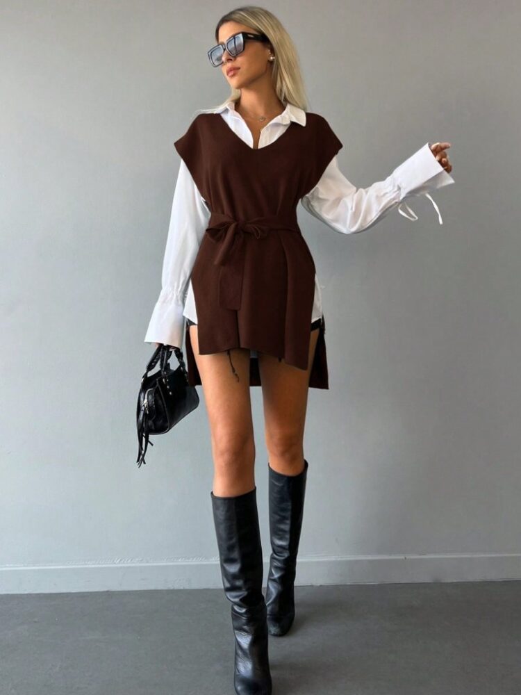 Women's V-Neck Slit Detail Back Tie Knitwear Blouse - Burgundy - Brand: Janes - Women's Clothing Wholesale - Globality Store