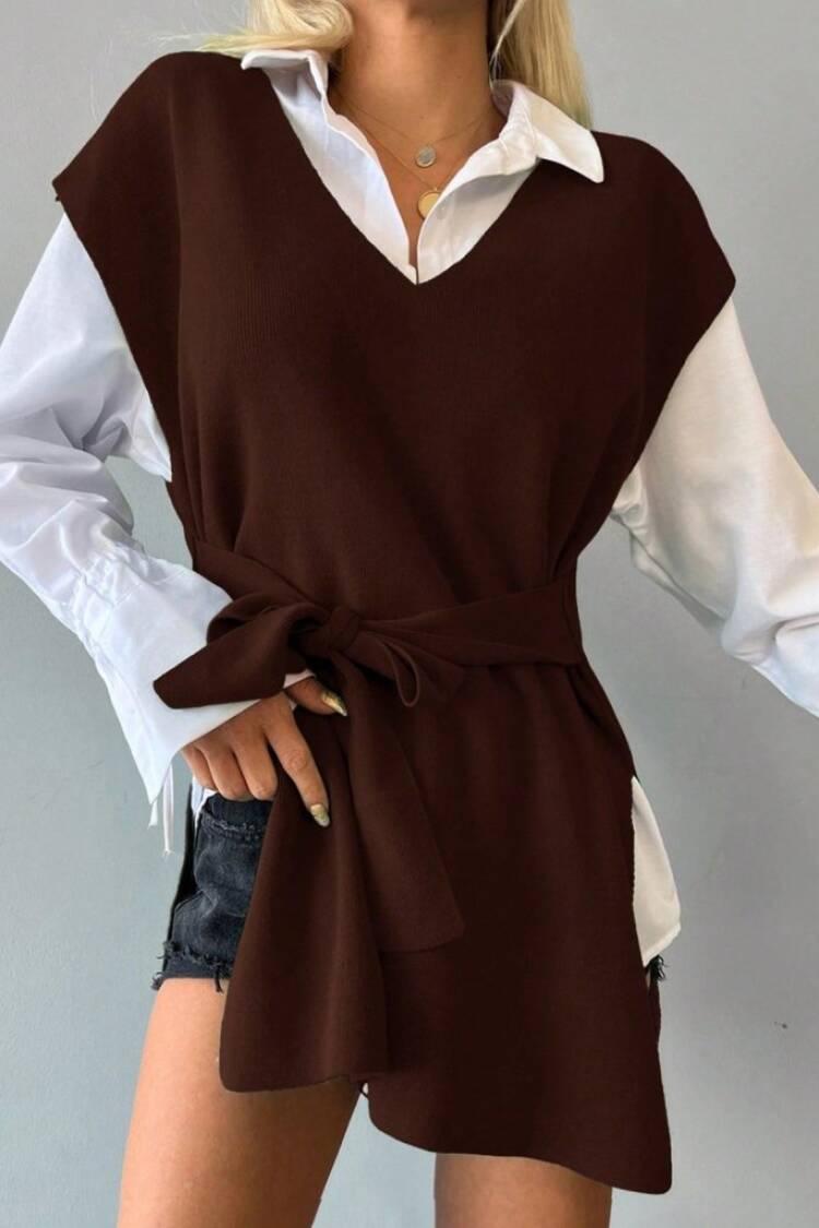 Women's V-Neck Slit Detail Back Tie Knitwear Blouse - Burgundy