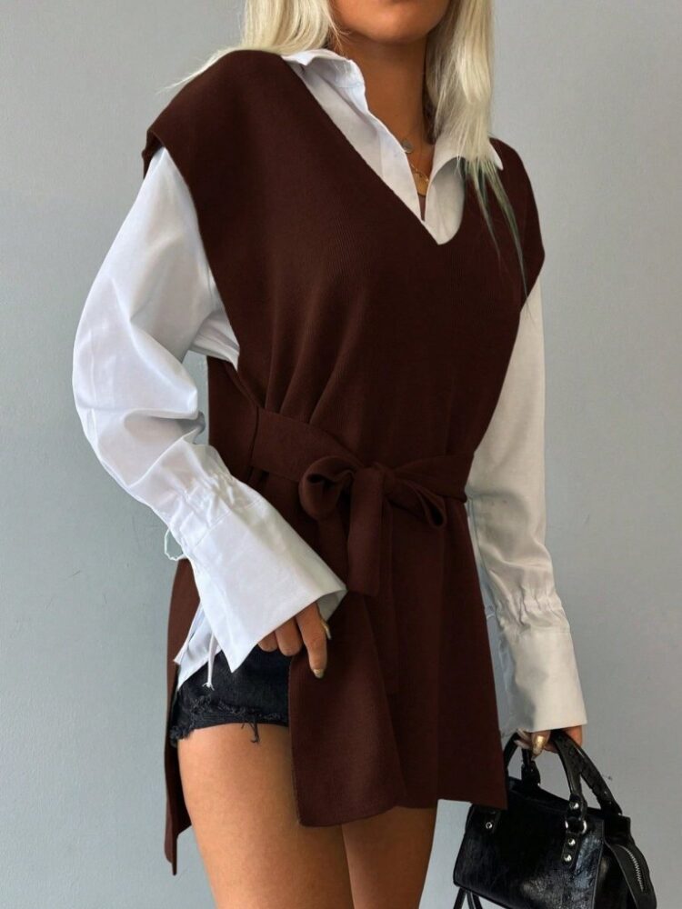 Women's V-Neck Slit Detail Back Tie Knitwear Blouse - Burgundy