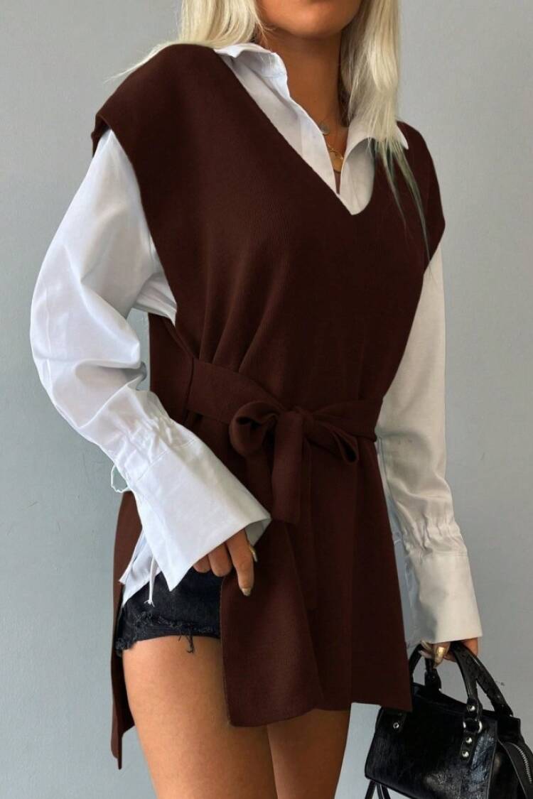 Women's V-Neck Slit Detail Back Tie Knitwear Blouse - Burgundy