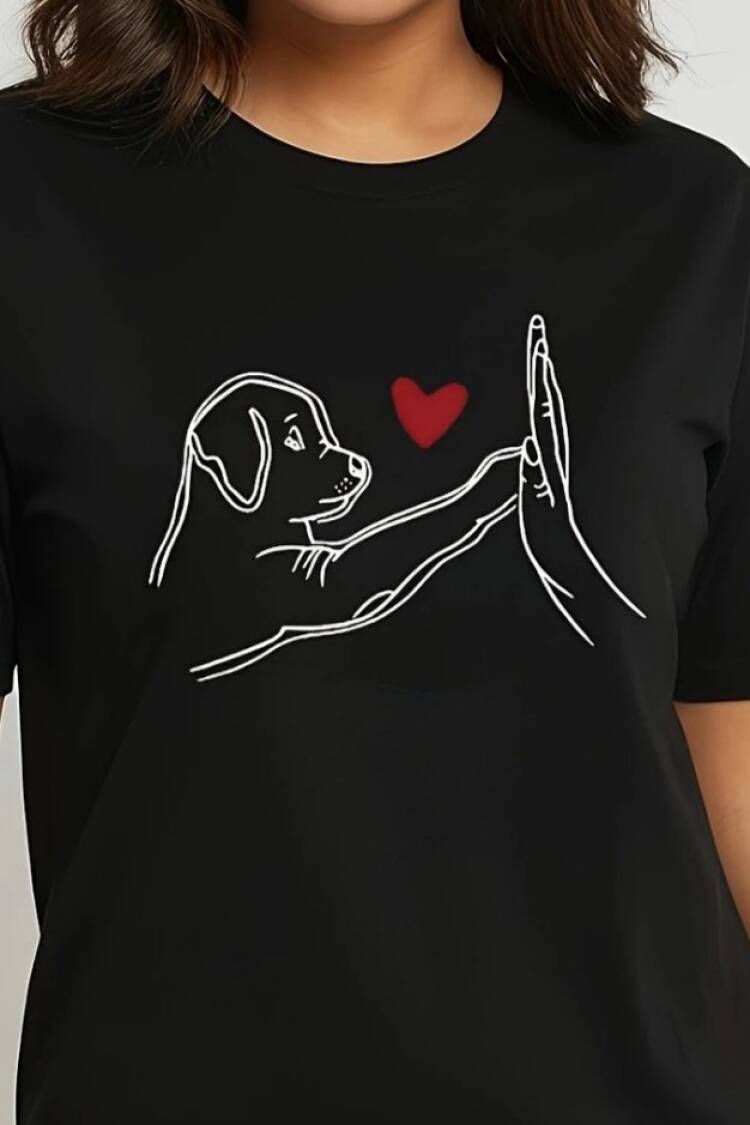 Women's Short Sleeve Crew Neck Dog Printed Viscose Blouse