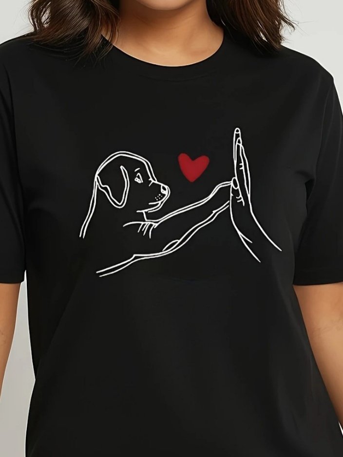 Women's Short Sleeve Crew Neck Dog Printed Viscose Blouse