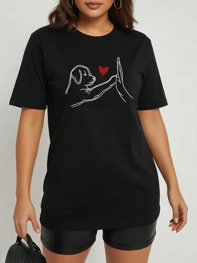 Women's Short Sleeve Crew Neck Dog Printed Viscose Blouse