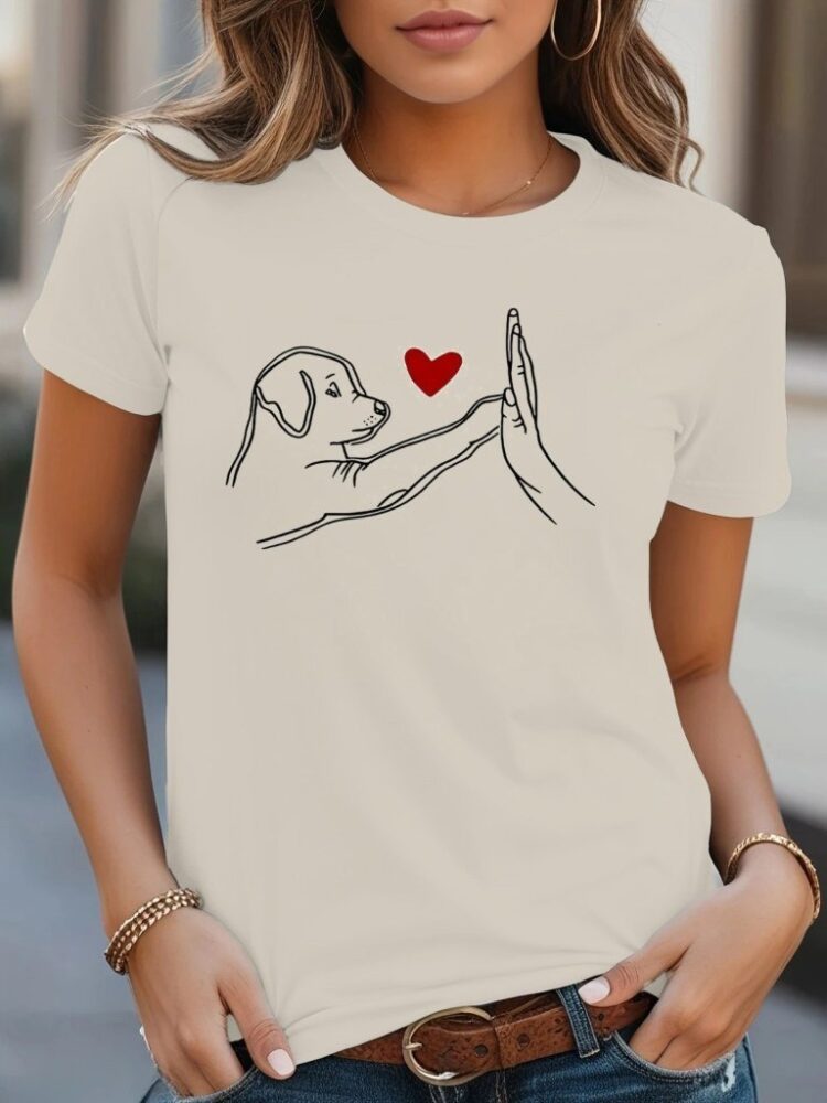 Women's Short Sleeve Crew Neck Dog Printed Viscose Blouse