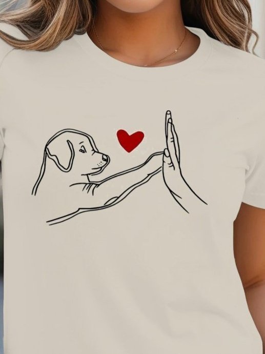 Women's Short Sleeve Crew Neck Dog Printed Viscose Blouse