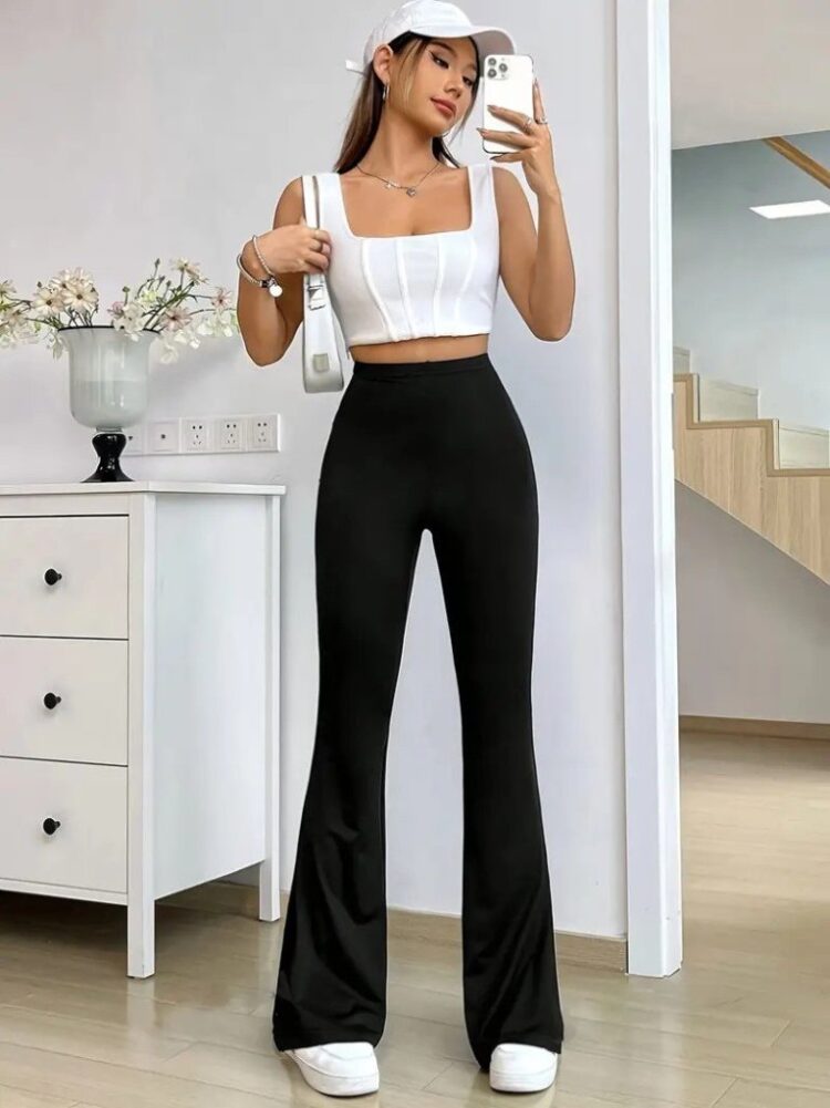 Women's High Waist Side Slit Side Slit Plunge Pants - Black