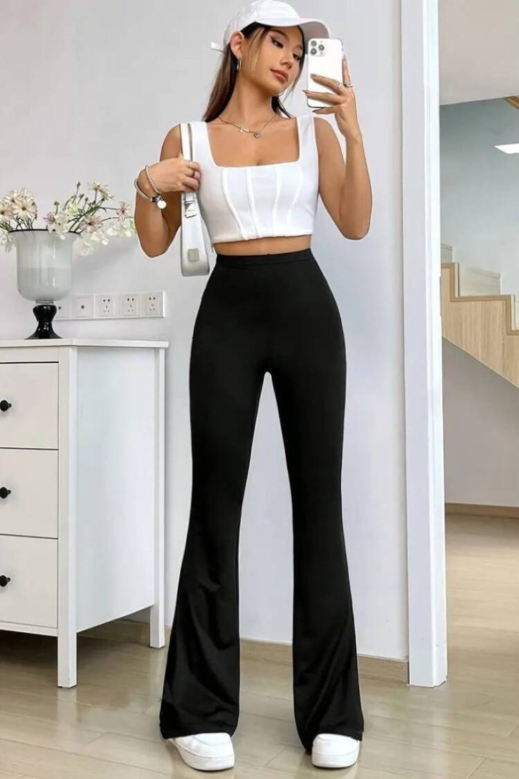 Women's High Waist Side Slit Side Slit Plunge Pants - Black