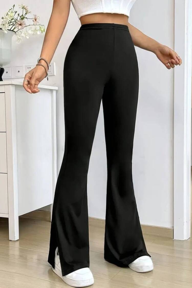 Women's High Waist Side Slit Side Slit Plunge Pants - Black