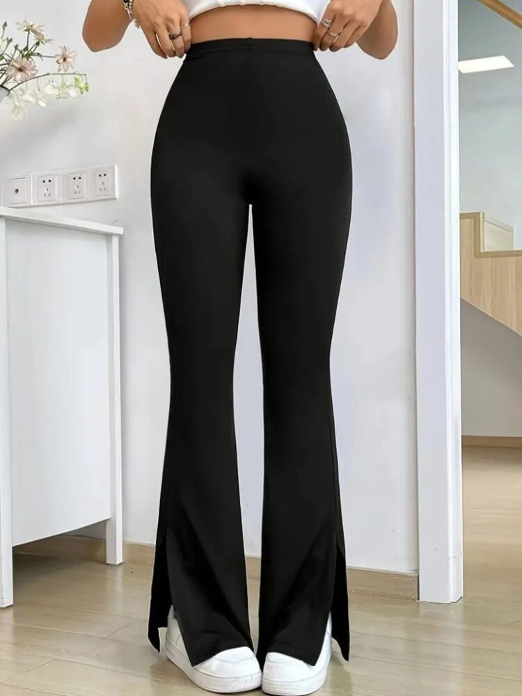 Women's High Waist Side Slit Side Slit Plunge Pants - Black