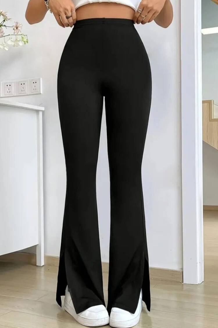 Women's High Waist Side Slit Side Slit Plunge Pants - Black