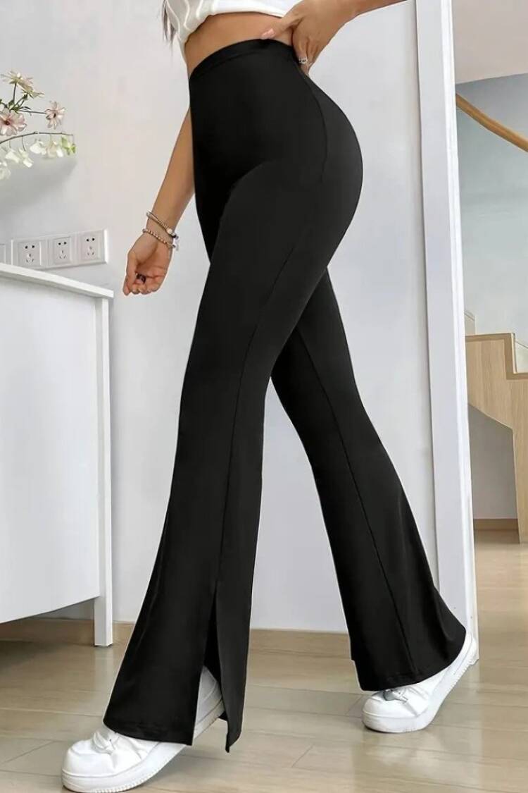 Women's High Waist Side Slit Side Slit Plunge Pants - Black