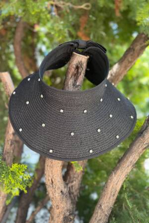 Wide Top Open Straw Visor Hat With Pearl Bow - Brand: Axesoire - Women's Clothing Wholesale - Globality Store