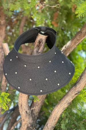 Wide Top Open Straw Visor Hat With Pearl Bow - Brand: Axesoire - Women's Clothing Wholesale - Globality Store