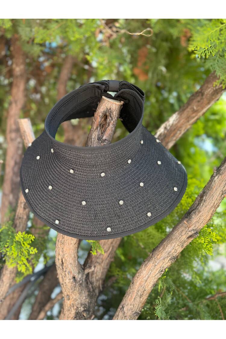 Wide Top Open Straw Visor Hat With Pearl Bow