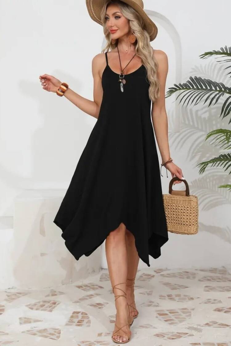 Women's Round Neck Asymmetric Cut Viscose Dress With Rope Strap - Black