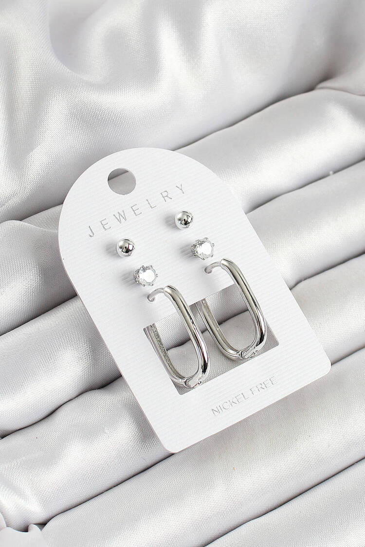 Brass Zircon Stone And Rectangle Figured Silver Color 3 Pcs Couple Women Earrings Set - Brand: Ebijuteri - Women's Clothing Wholesale - Globality Store
