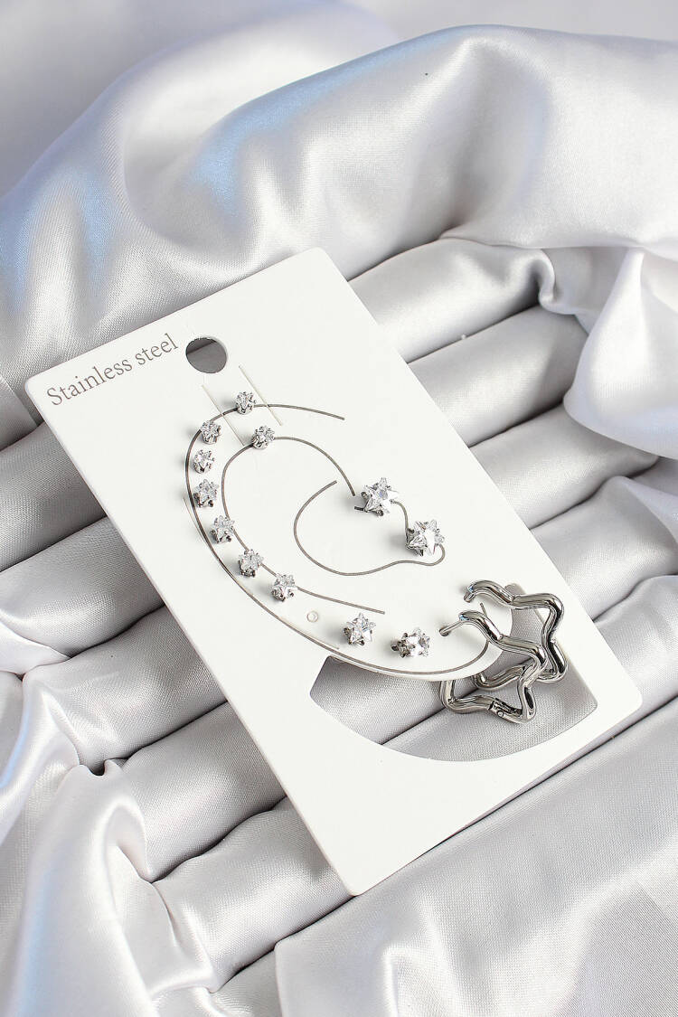 316l Steel Star Figured And Zircon Stone Silver Color 7 Pcs Couple Women Earrings Set - Brand: Ebijuteri - Women's Clothing Wholesale - Globality Store